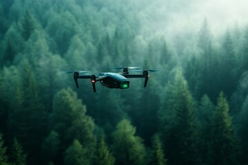 Fototapeta premium A modern drone with AI technology flies high above a dense forest, showcasing its capability for search and rescue operations. The drone represents advanced technology, aerial surveillance, disaster r