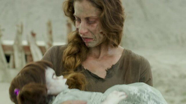 Scary zombie woman holding her terrifying doll