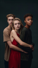 Obraz premium Portrait of three young interracial friends embracing in a photography studio