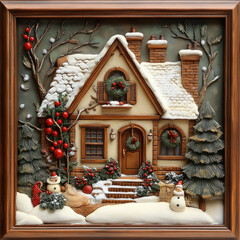 3D bas-relief of a house with Christmas decor. Interior decor, a resource for creativity, a template for a Christmas greeting card. Creative illustration for printing on fabric, paper, packaging.
