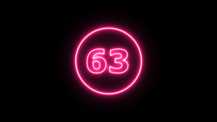 Glowing neon number 63  , neon light colorful number of illustration on black background.  Glowing neon lighting on dark background. Numbers futuristic style