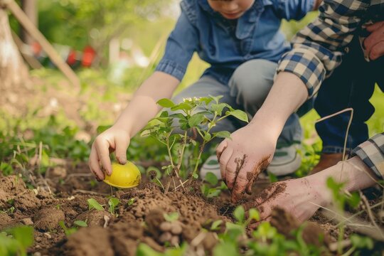 Parent's hands and his child helping to plant tree on Arbor day in springtime Little boy and his father gardening in spring