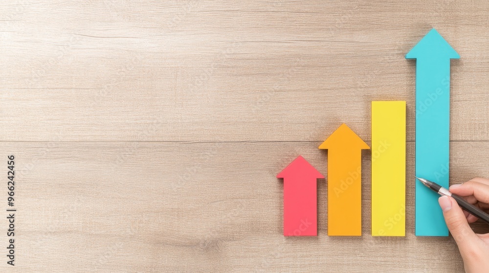 Poster a photo of colorful arrows pointing upwards arranged in a bar graph style on a wooden background. th