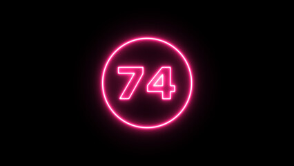 Glowing neon number  74, neon light colorful number of illustration on black background.  Glowing neon lighting on dark background. Numbers futuristic style