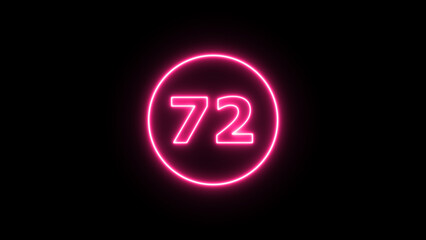 Glowing neon number  72, neon light colorful number of illustration on black background.  Glowing neon lighting on dark background. Numbers futuristic style