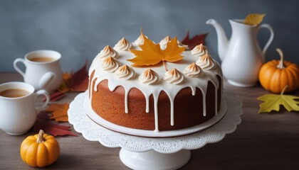 Pumpkin Cake with White Frosting Decorated with Orange Leaves and Cinnamon Sticks