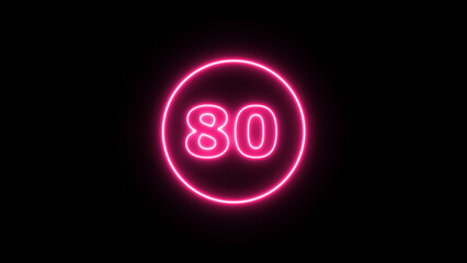 Glowing neon number 80 , neon light colorful number of illustration on black background.  Glowing neon lighting on dark background. Numbers futuristic style