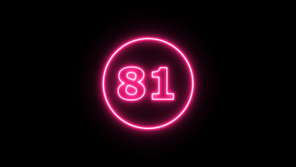 Glowing neon number 81 , neon light colorful number of illustration on black background.  Glowing neon lighting on dark background. Numbers futuristic style