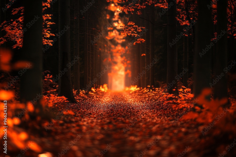 Poster a picturesque path through a dense autumnal forest, bathed in warm golden light filtering through th