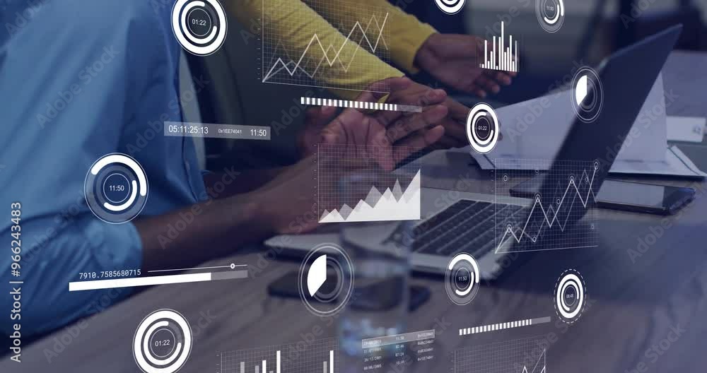 Poster animation of financial data processing over diverse colleagues discussing work in office