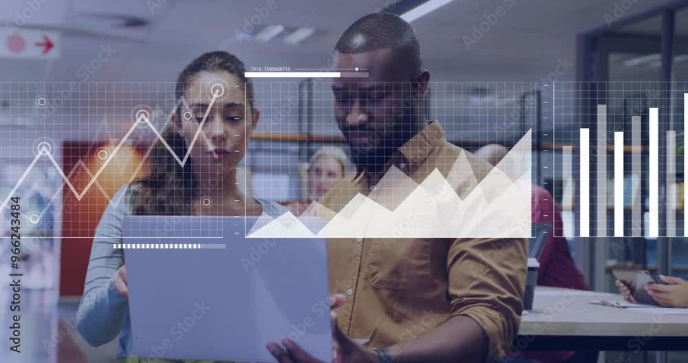 Poster animation of financial data processing over diverse colleagues discussing work in office