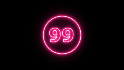 Glowing neon number 99 , neon light colorful number of illustration on black background.  Glowing neon lighting on dark background. Numbers futuristic style