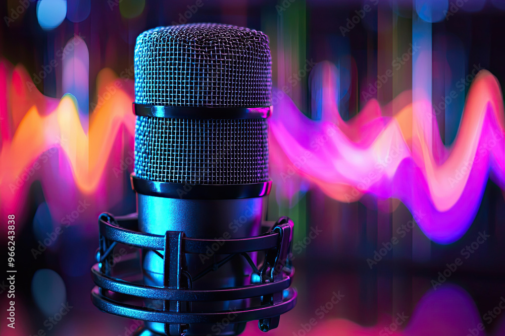 Poster a close up of microphone captures sound waves visualized in vibrant colors, creating dynamic and ene