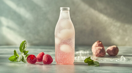 Refreshing non-alcoholic sparkling cocktail with lychee and raspberry in a frosted glass bottle. A...