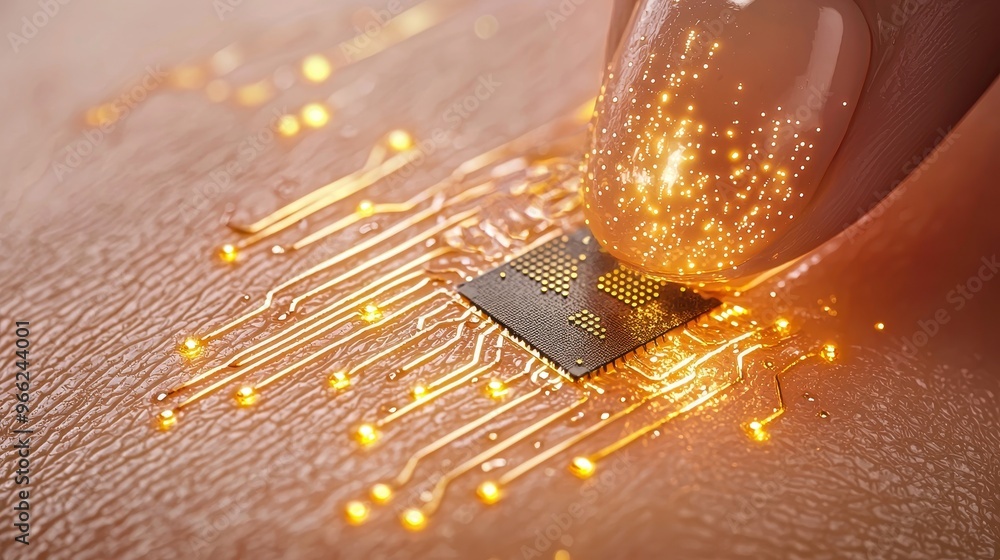 Poster Close-up of a finger touching a glowing microchip on a textured surface, symbolizing technology and innovation.