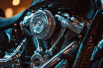 A close up of motorcycle engine featuring chrome and black elements, showcasing intricate details and craftsmanship. shiny surfaces reflect light beautifully, creating an impressive visual impact