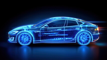 Futuristic blue hologram of a sleek electric car with glowing features, representing innovation in automotive design and technology.