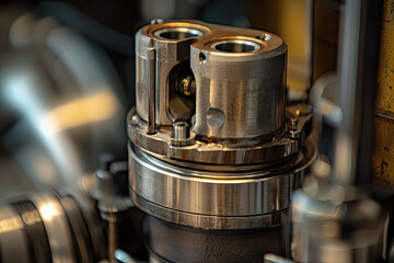 A close up of piston inside an engine cylinder, showcasing intricate details and metallic textures. image captures precision engineering and mechanical beauty of automotive components, evoking sense o