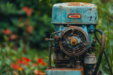 A close up of small engine used in lawn equipment, showcasing its weathered blue exterior and intricate details. rust adds character, surrounded by vibrant greenery and flowers