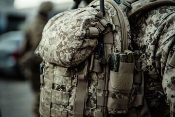 Fototapeta premium A close up of Special Forces soldiers tactical backpack, showcasing its camouflage pattern and various compartments. image conveys sense of readiness and military precision