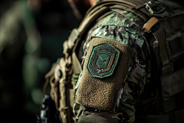 A close up of Special Forces soldiers insignia, showcasing intricate details and textures. soldiers uniform features camouflage patterns, emphasizing their tactical role and dedication