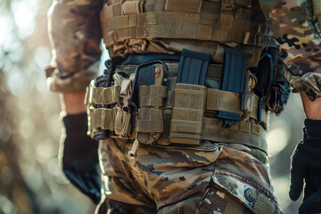A close up of Special Forces soldiers tactical belt showcases essential gear and equipment. detailed design highlights functionality and readiness in military environment