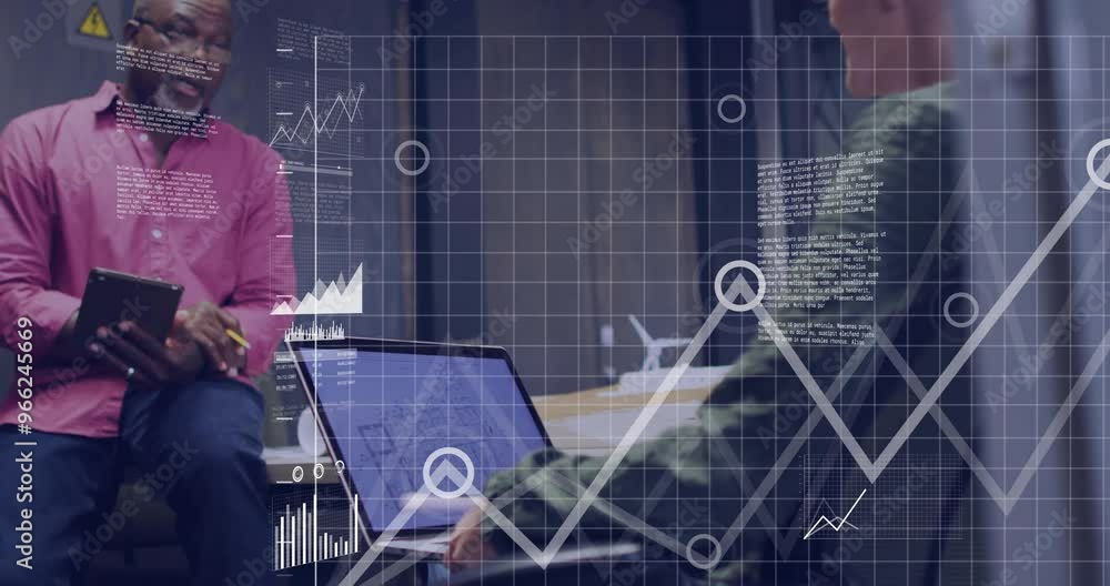 Aufkleber animation of financial data processing over diverse colleagues discussing work in office