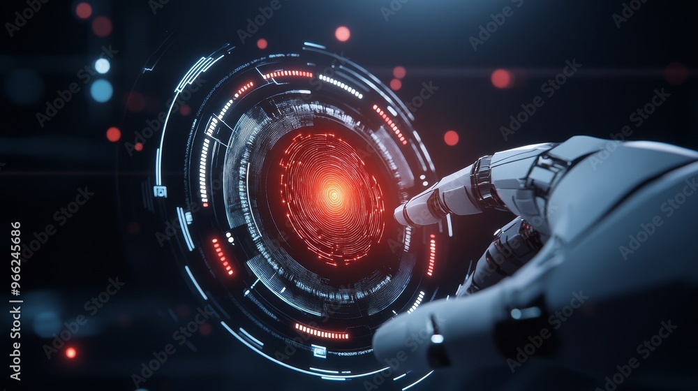 Poster a robotic hand scans its fingerprint on a glowing digital interface, representing futuristic technol