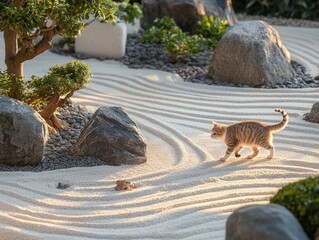 A peaceful zen garden featuring a curious cat walking along the raked sand
