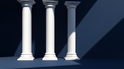 Regal White Pillars on Moody Navy Background with Dramatic Lighting and Shadows - Hyper-Realistic Octane Rendered High-Resolution Photo