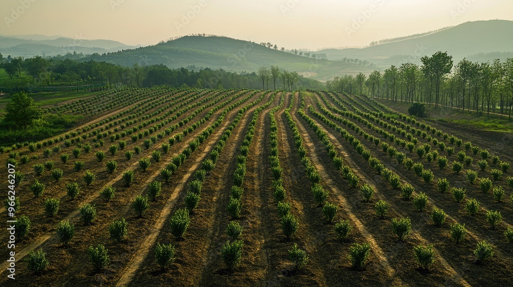 Poster a wide shot of a reforestation project with rows of newly planted trees stretching into the distance