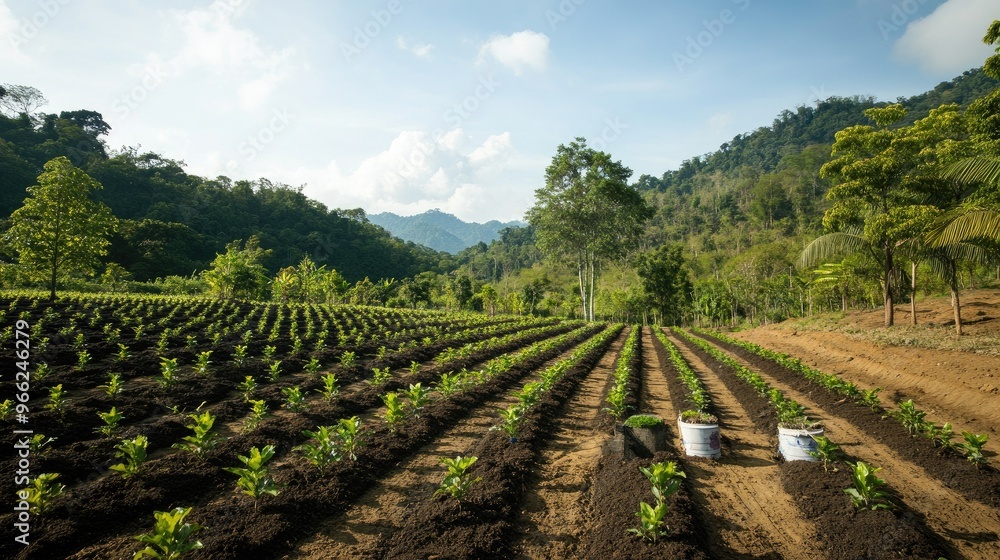 Poster a wide shot of a reforestation project with rows of newly planted trees stretching into the distance