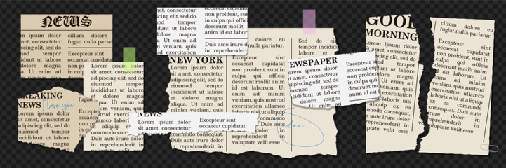 Fototapeta premium Newspaper torn paper pieces set with uneven edges. Vintage vector elements collection for collage.