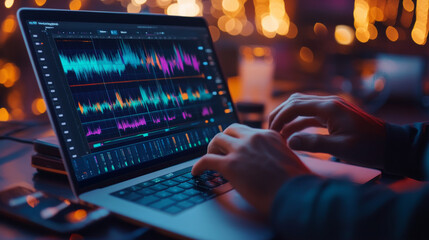 Audio content creator sharing final edits on a laptop with waveform visualizations
