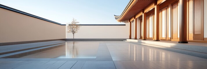 Obraz premium A serene and minimalist Zen garden courtyard with a reflecting pool of water, surrounded by white walls and a traditional wooden structure. The simple design evokes tranquility and peace, symbolizing 