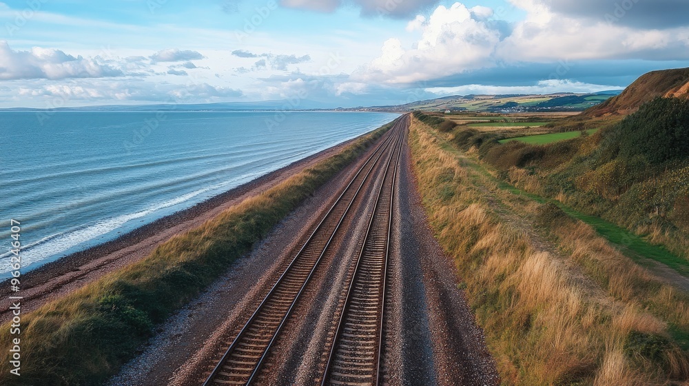 Poster a wide-angle view of a railway track running parallel to a coastal area, with the ocean in the backg