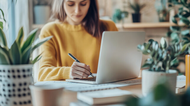 Blog content creator brainstorming ideas in a cozy home office with a notebook and pen
