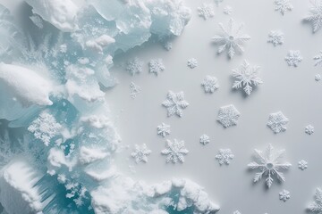 Intricate Ice Formations and Delicate Snowflakes on a White Background