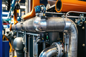 Fototapeta premium A detailed view of an engine cooling system featuring intricate pipes and components, showcasing complexity and engineering behind efficient cooling solutions