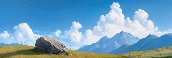 A serene mountain landscape with a large rock in the foreground, overlooking rolling hills and a distant mountain range. The sky is a brilliant blue, dotted with fluffy white clouds. This scene evokes