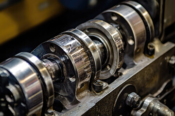 Fototapeta premium A detailed view of an engines crankshaft and bearings, showcasing intricate design and precision engineering involved in automotive mechanics. shiny metal components reflect craftsmanship and function