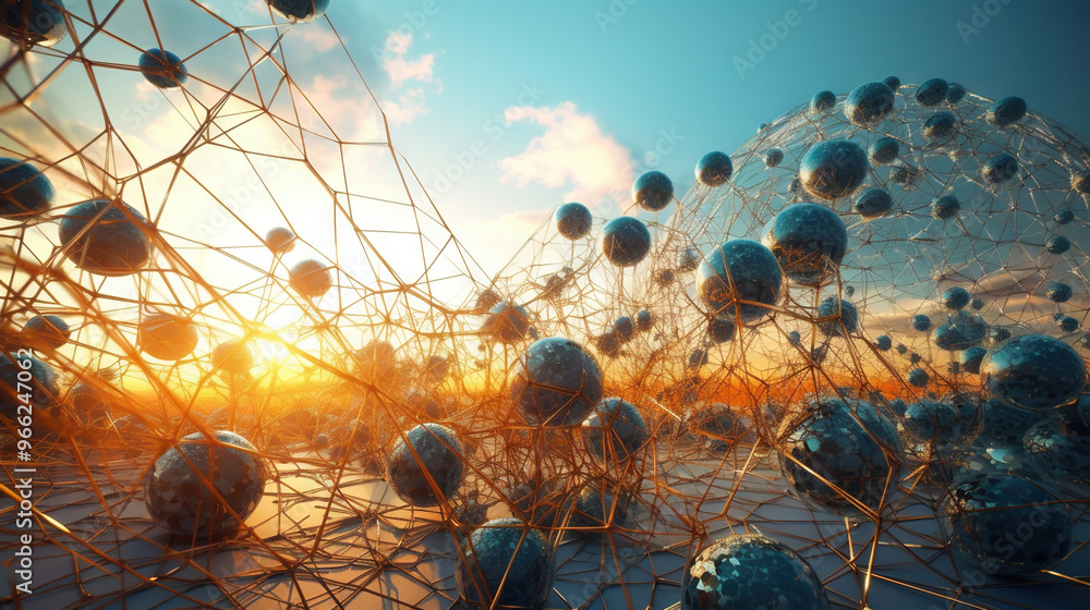 Poster Abstract scfi-fi landscape with connected 3D balls and molecular grid structure. Futuristic surreal abstraction. Generated AI.