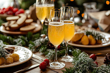 A festive brunch setting with champagne and mimosas, surrounded by delicious treats and holiday decorations, creates warm and joyful atmosphere