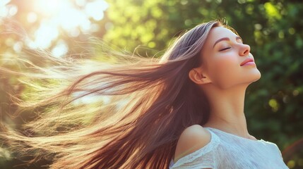 Fototapeta premium A woman with long, silky straight hair flowing in the wind, standing outdoors in a natural setting, her hair shining in the sunlight.