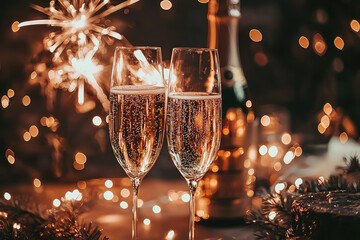 Cheers to festive New Years Eve celebration with sparkling champagne in elegant flutes, surrounded by twinkling lights and celebratory atmosphere