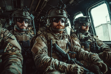Fototapeta premium A group of Special Forces operators in helicopter, showcasing their tactical gear and focused expressions. atmosphere is intense and professional, highlighting their readiness for action