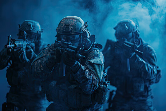Special Forces soldiers conduct drill in dramatic, smoky environment, showcasing their tactical skills and teamwork. intensity of moment is palpable as they prepare for action