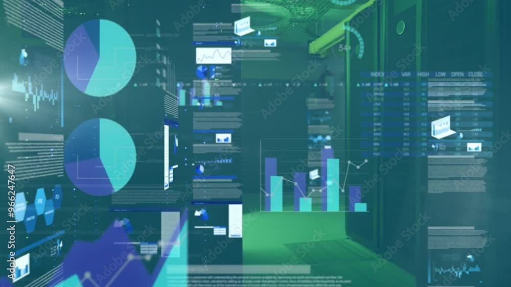 Poster animation of financial data processing over server room