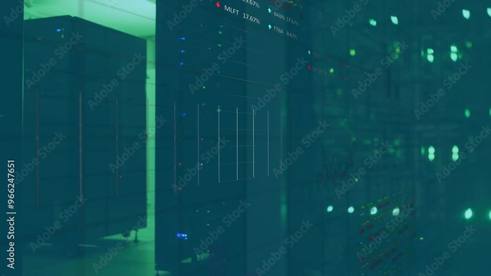 Wall mural Animation of financial data processing over server room