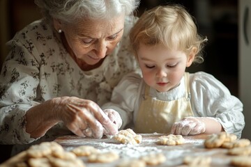Grandmother and child baking cookies together in a cozy kitchen